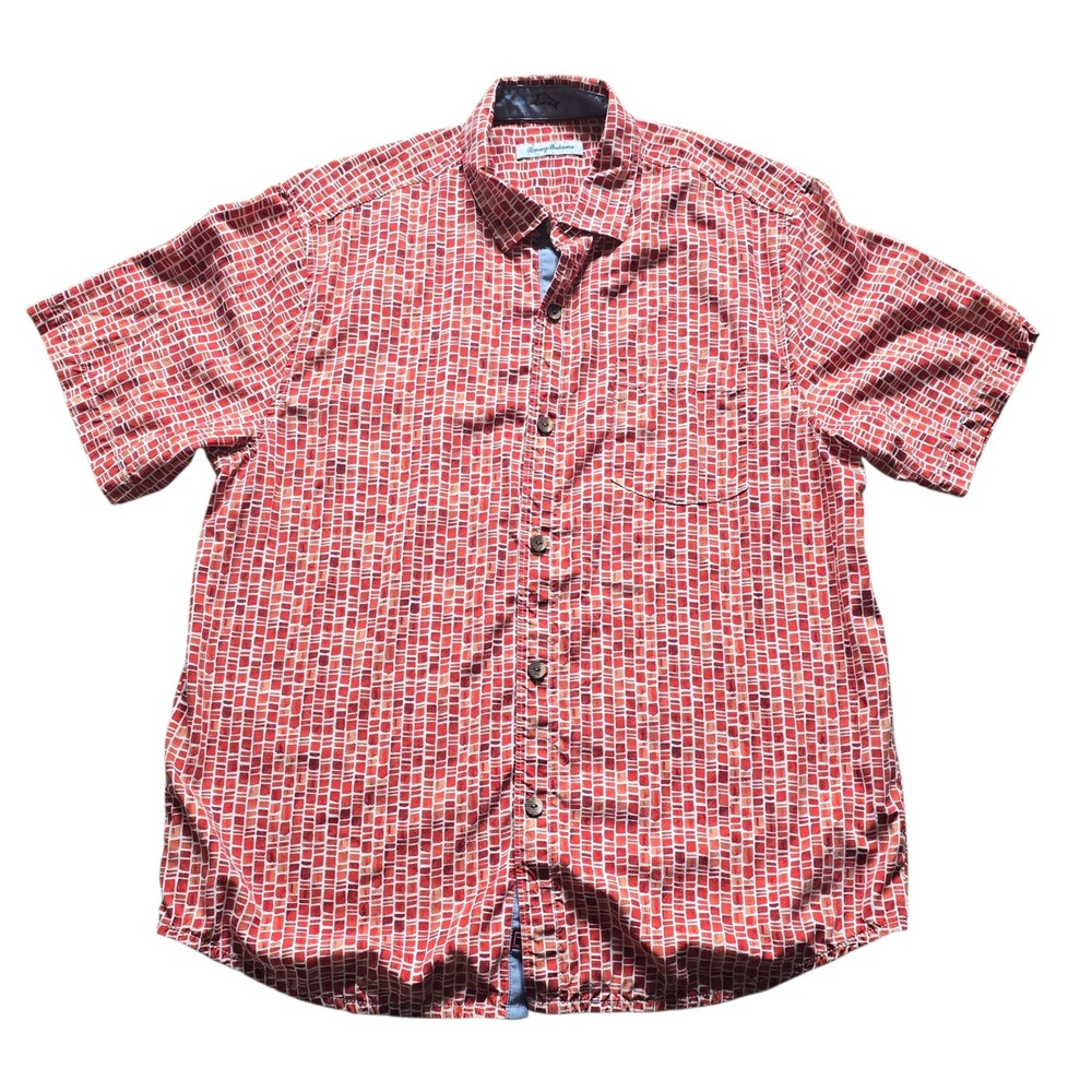 Tommy Bahama Silk Abstract‎ Brick Pattern Short Sleeve Button Up Shirt Sz L